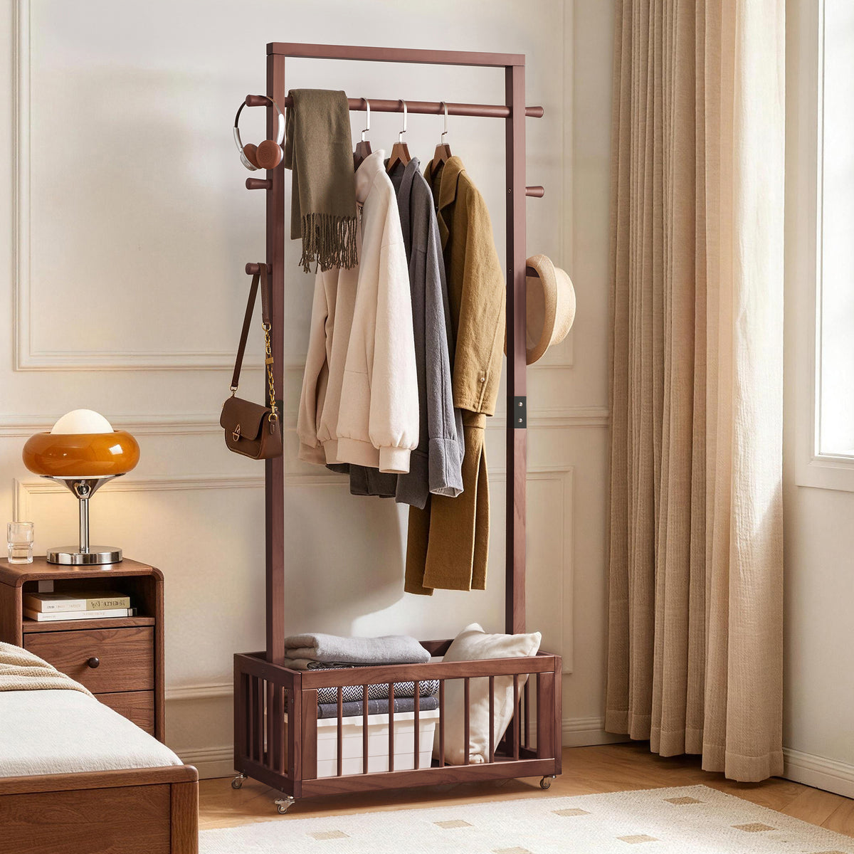 71" Rolling Solid Pine Clothes Rack with Storage Basket and Hooks