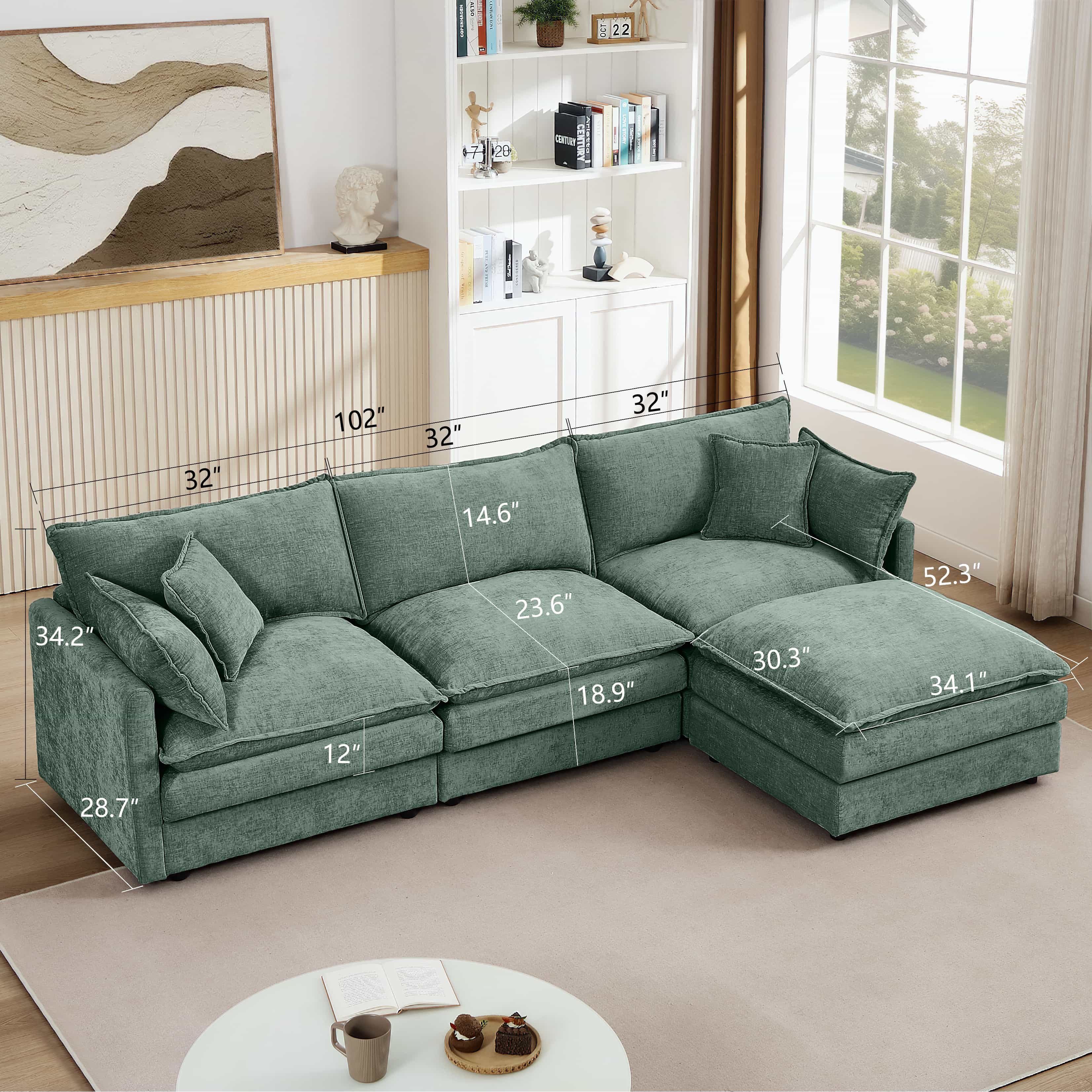 102" L Shape Chenille Modular Sectional 3 Seater Couch with Ottoman