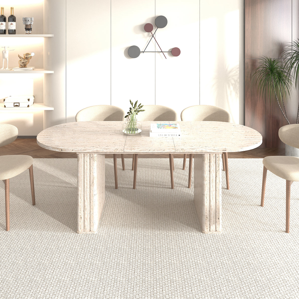Rounded Edges Extendable Dining Table with Travertine-Inspired Finish