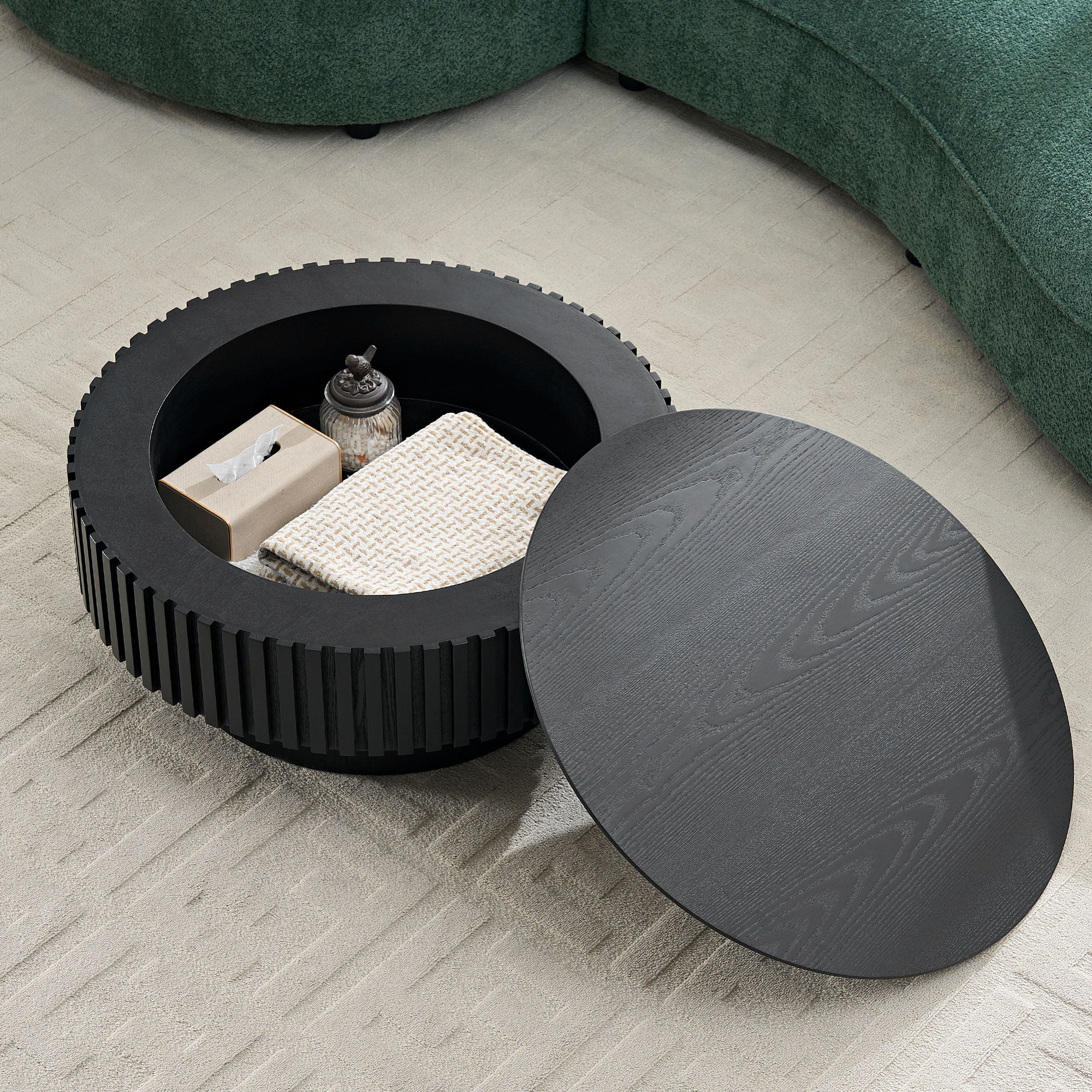 31.5" Modern Wood Coffee Table with Fluted Sides & Storage