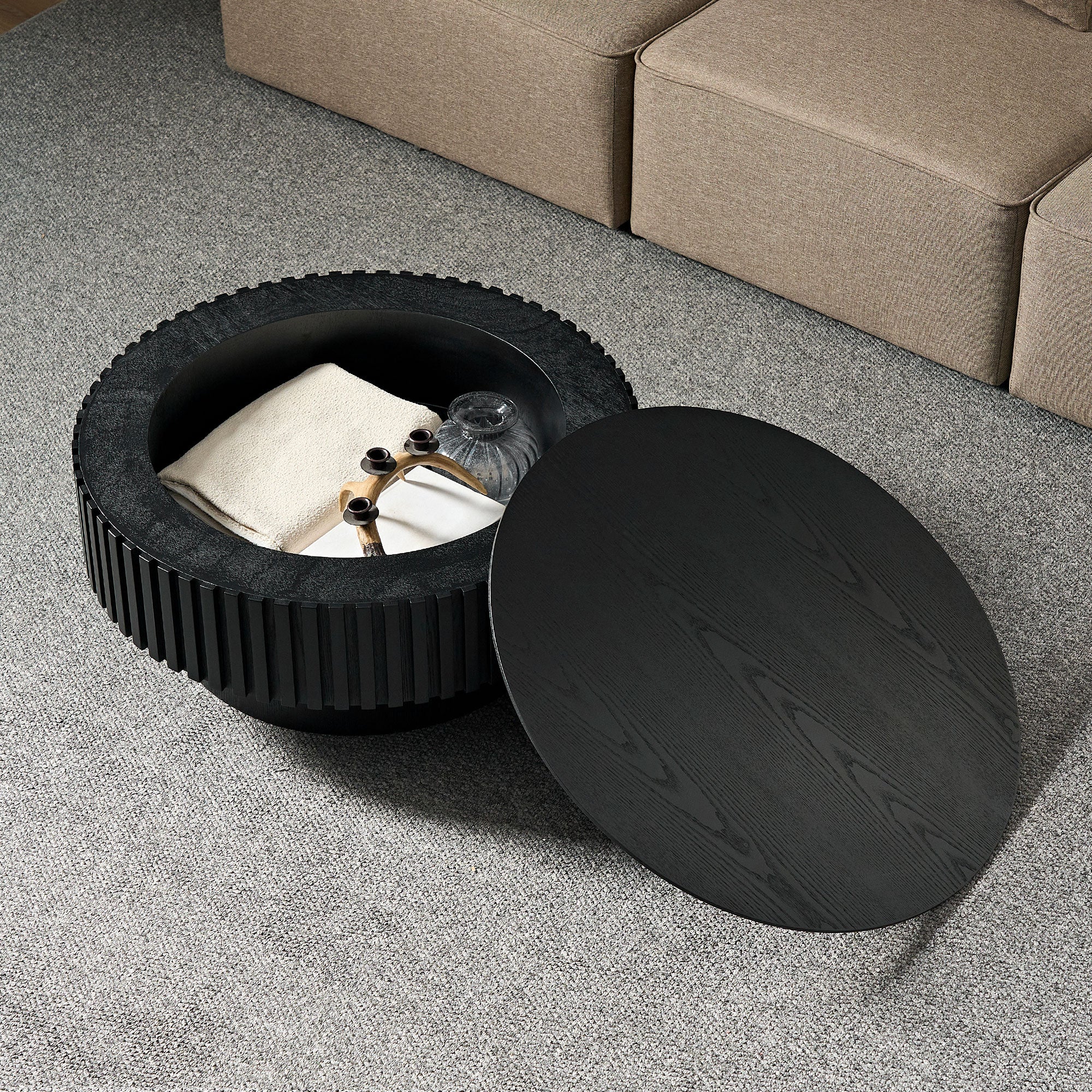 31.5" Modern Wood Coffee Table with Fluted Sides & Storage