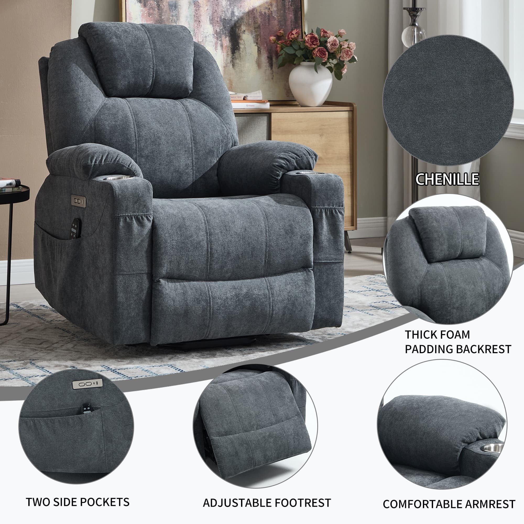 Power Lift Electric Massage Heat USB Recliner Chair