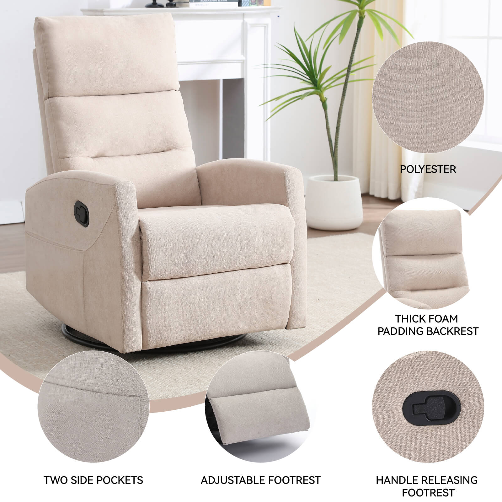 Modern Polyester Fabric Manual 360 Swivel Rocker Recliner Chair