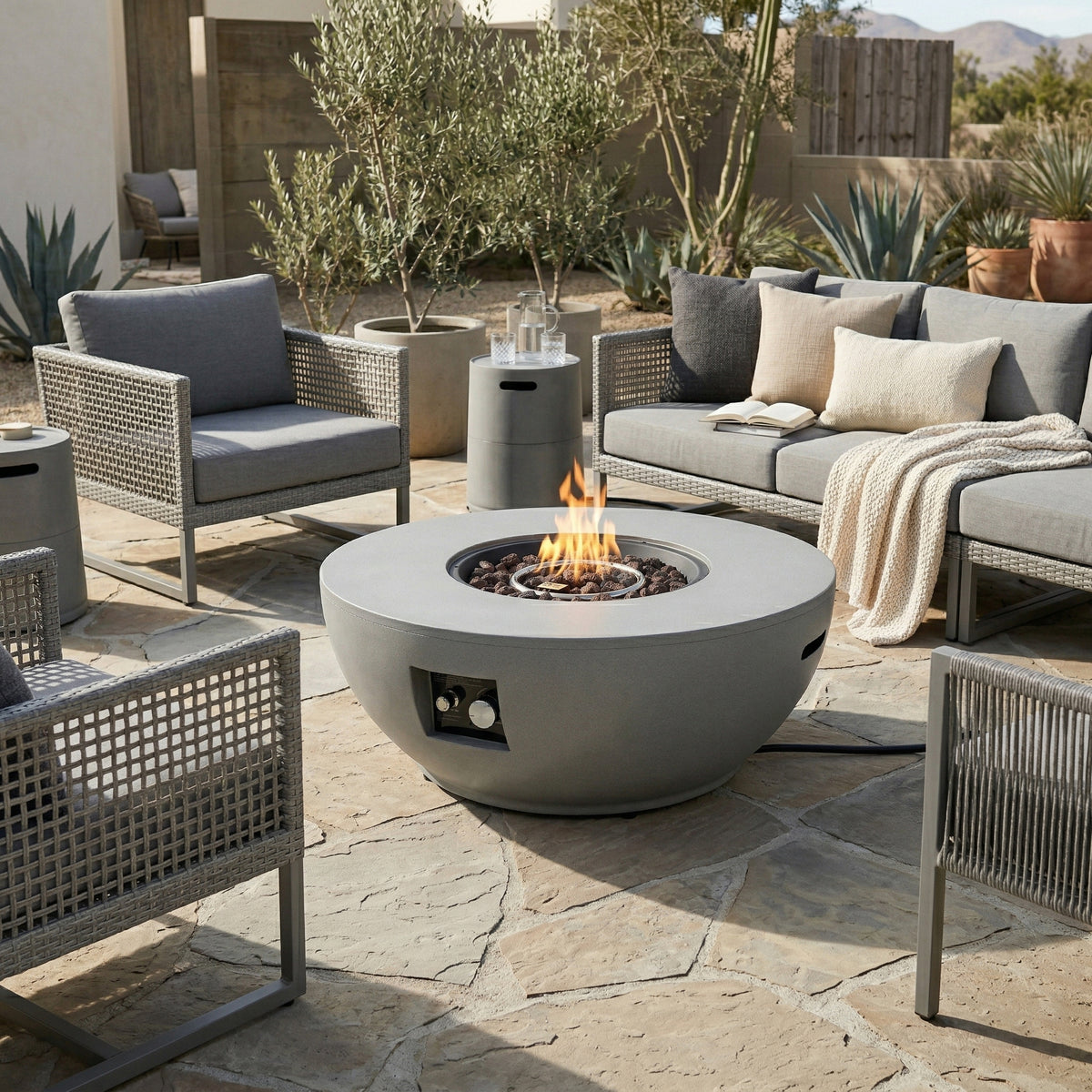 37" Grey Round Propane Fire Pit with Tank Cover