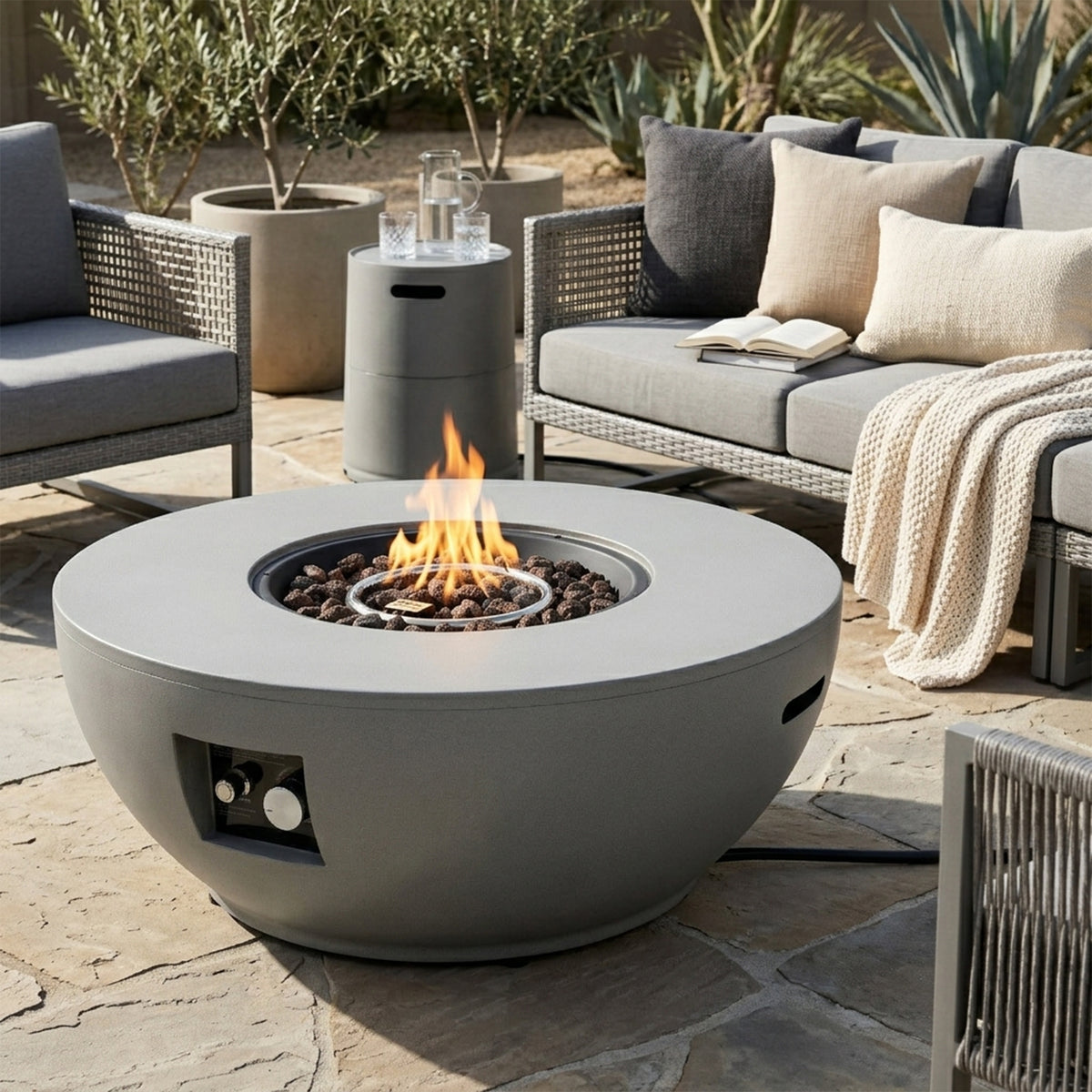 37" Grey Round Propane Fire Pit with Tank Cover