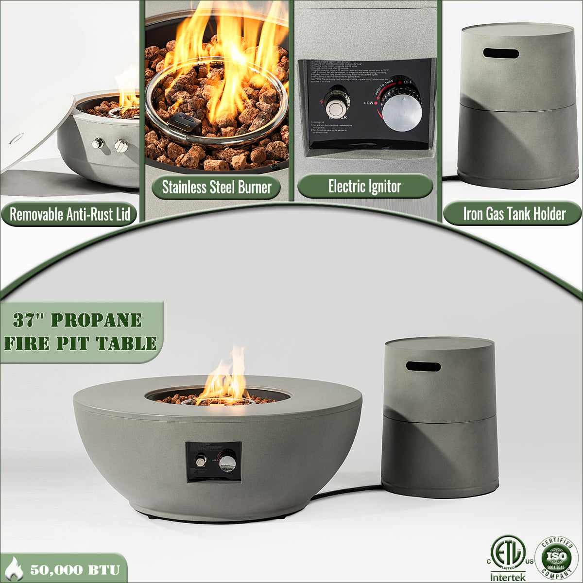 37" Grey Round Propane Fire Pit with Tank Cover