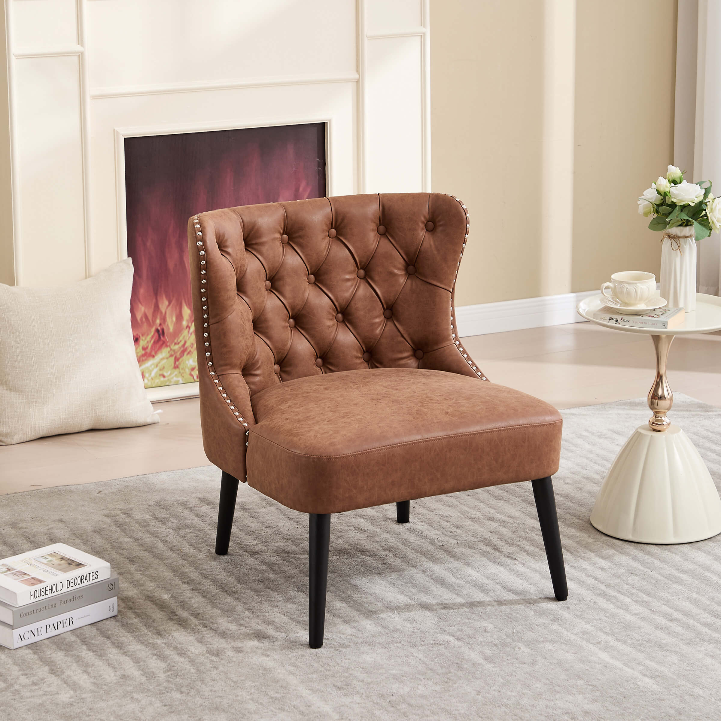 Brown leather slipper chair with tufted back