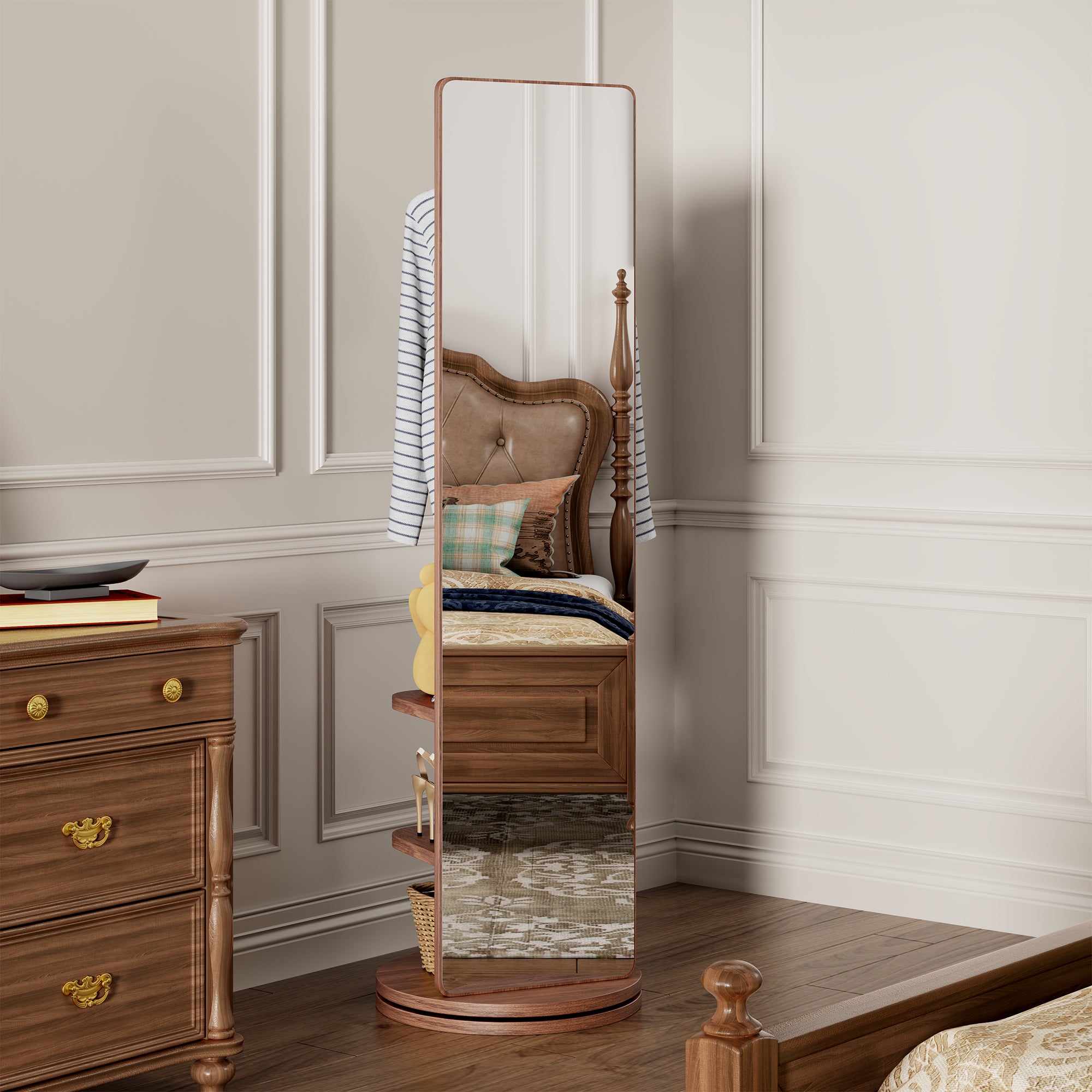 66" H 360° Rotating Full Length Mirror with Coat Rack Floor Standing Mirror