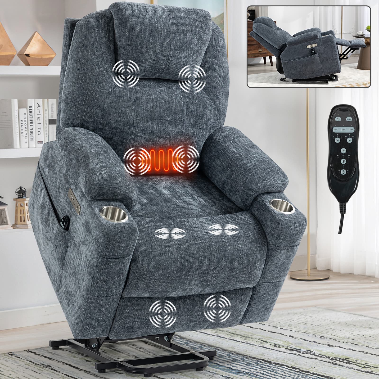 Power Lift Electric Massage Heat USB Recliner Chair