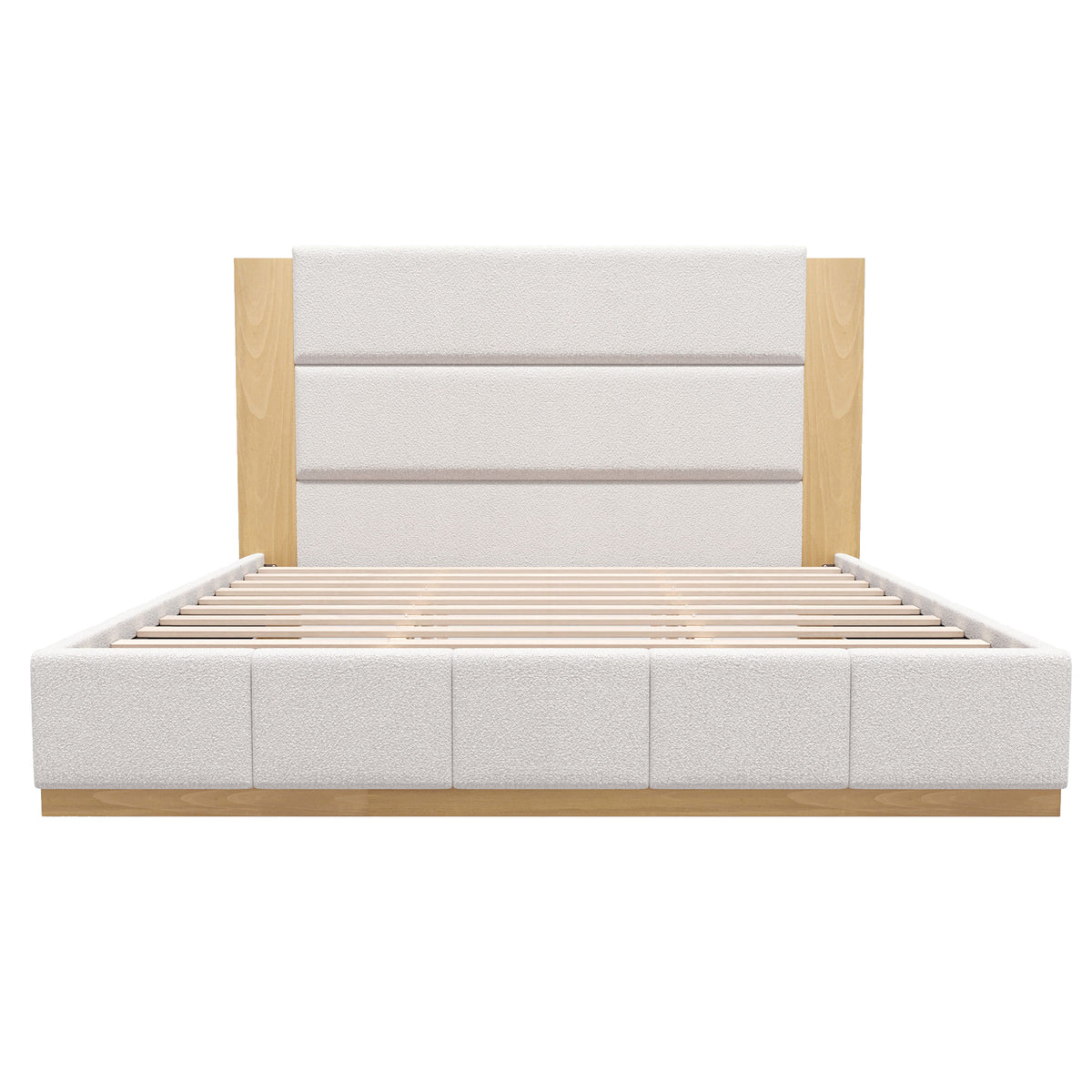 White Boucle Platform Bed Frame with Extended Wood Headboard