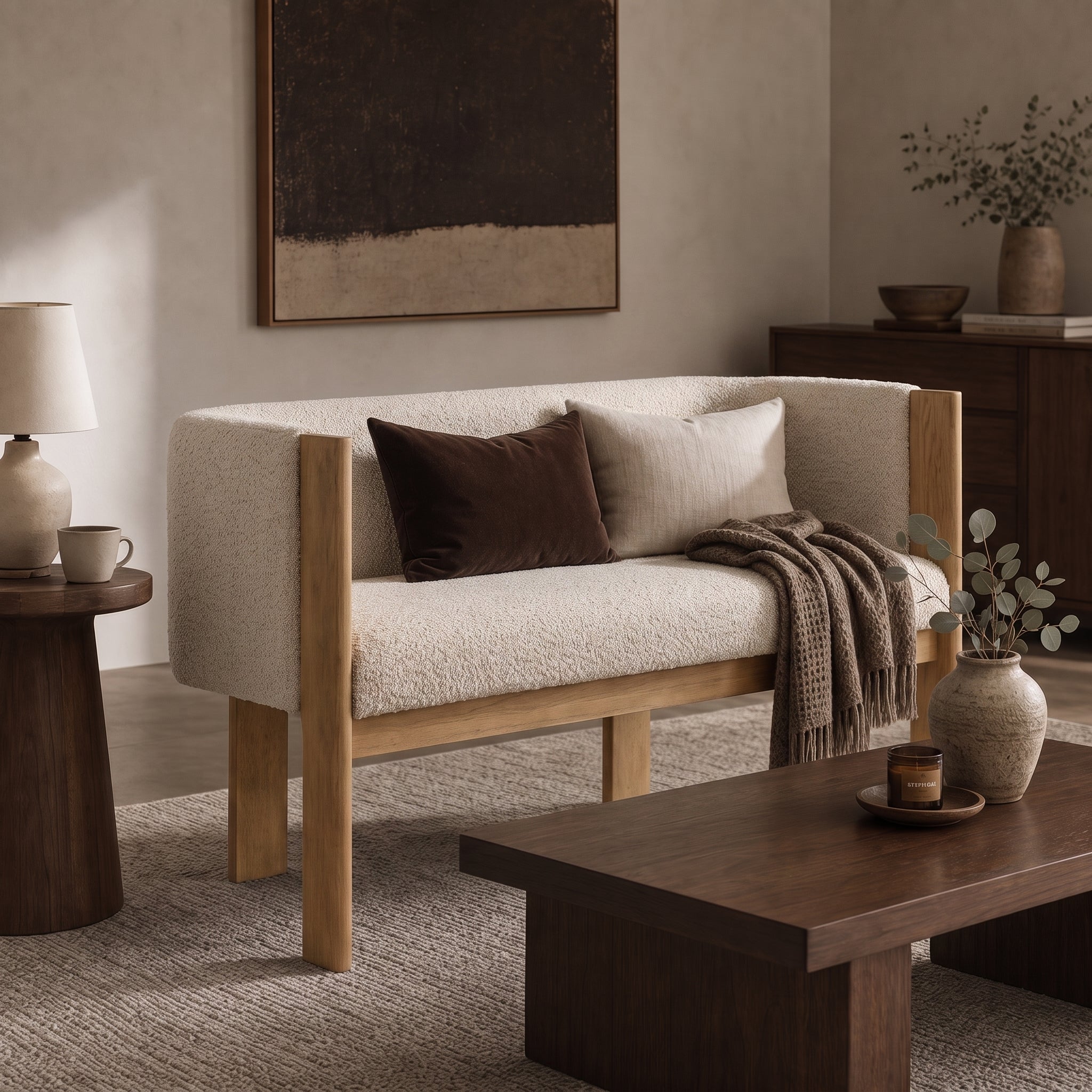 48.5" Boucle Upholstered Loveseat with Rubberwood Frame