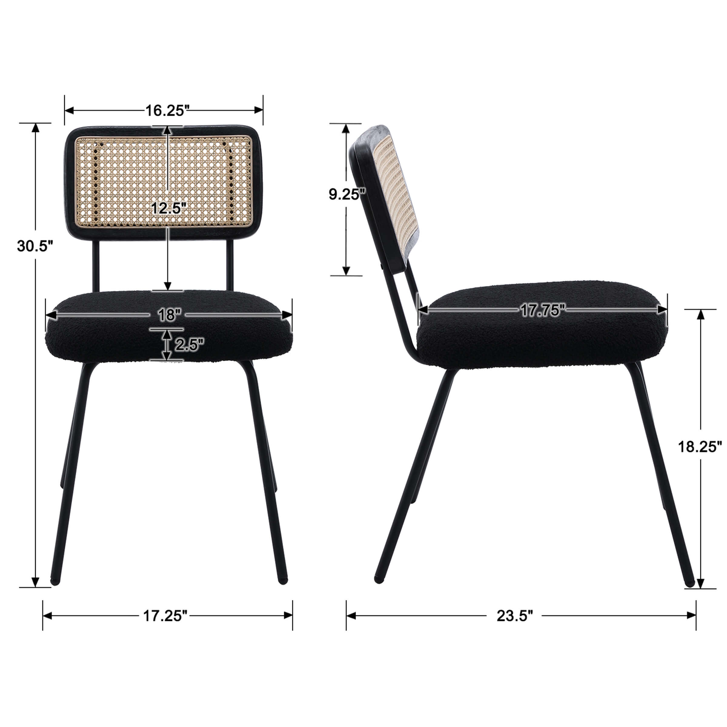 Dimensions of chair front and side views