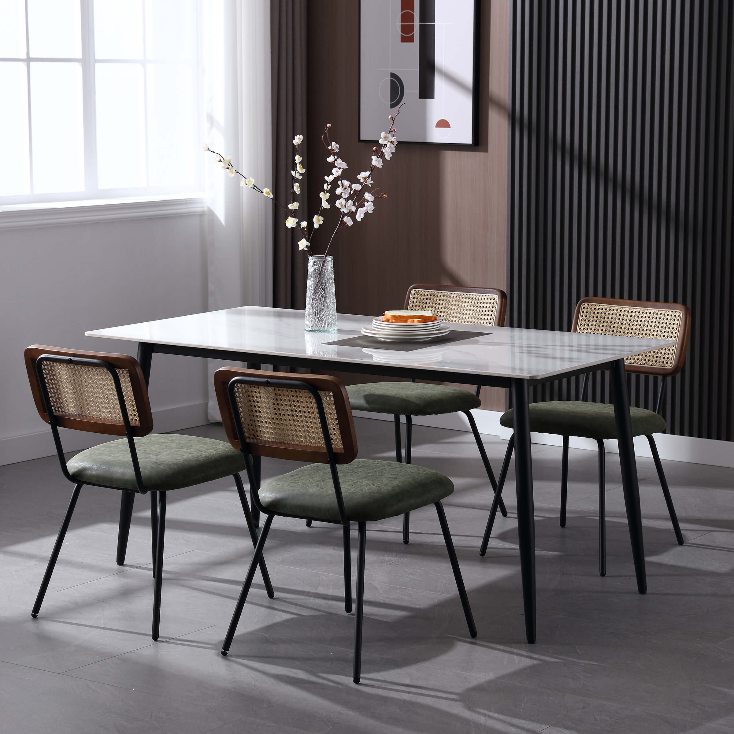 Dining set against dark accent wall