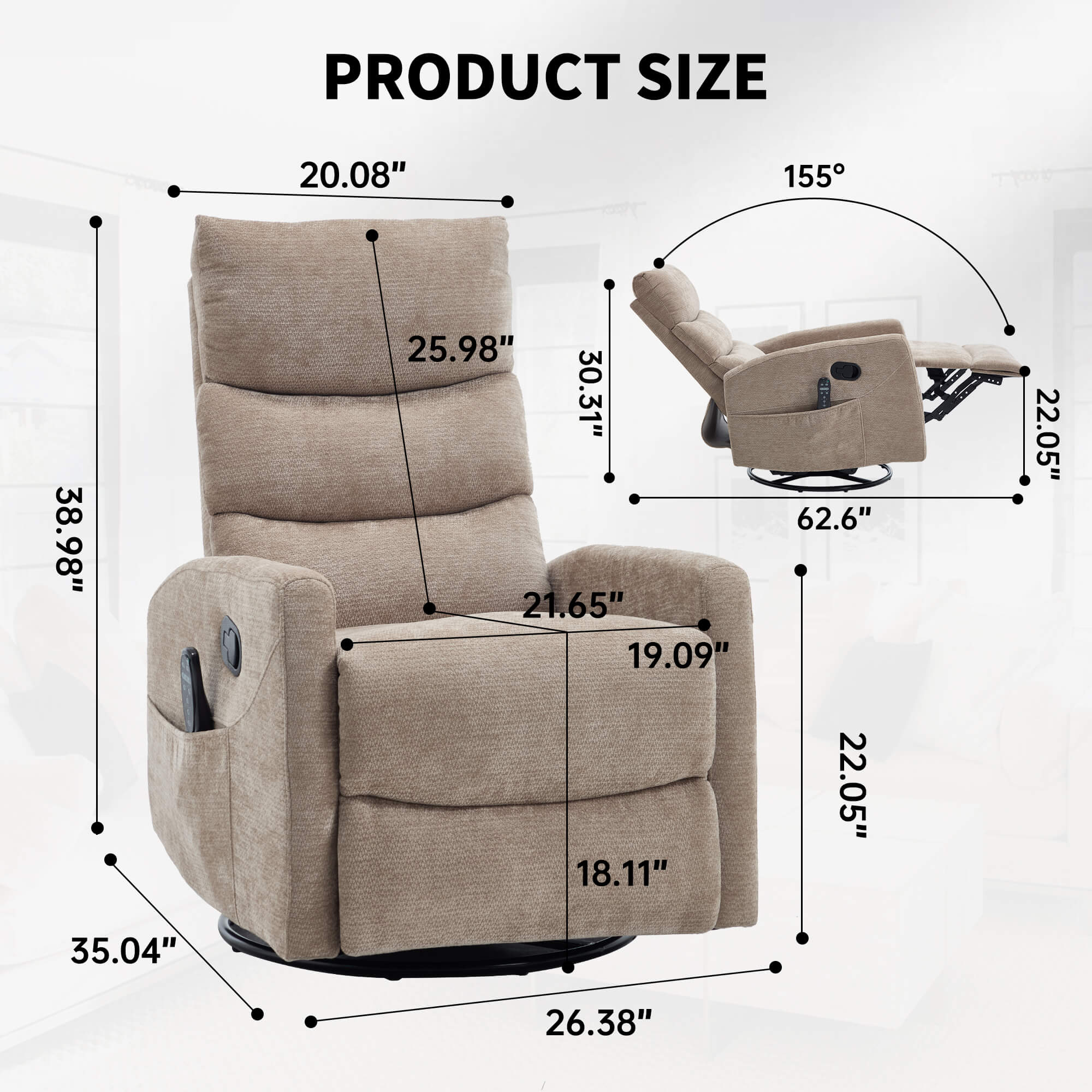 Modern Chenille Heat Massage Rocker Swivel Recliner Chair