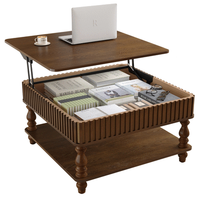 32" Square Fluted Lift-Top Coffee Table, Solid Wood & MDF with Wood Veneer