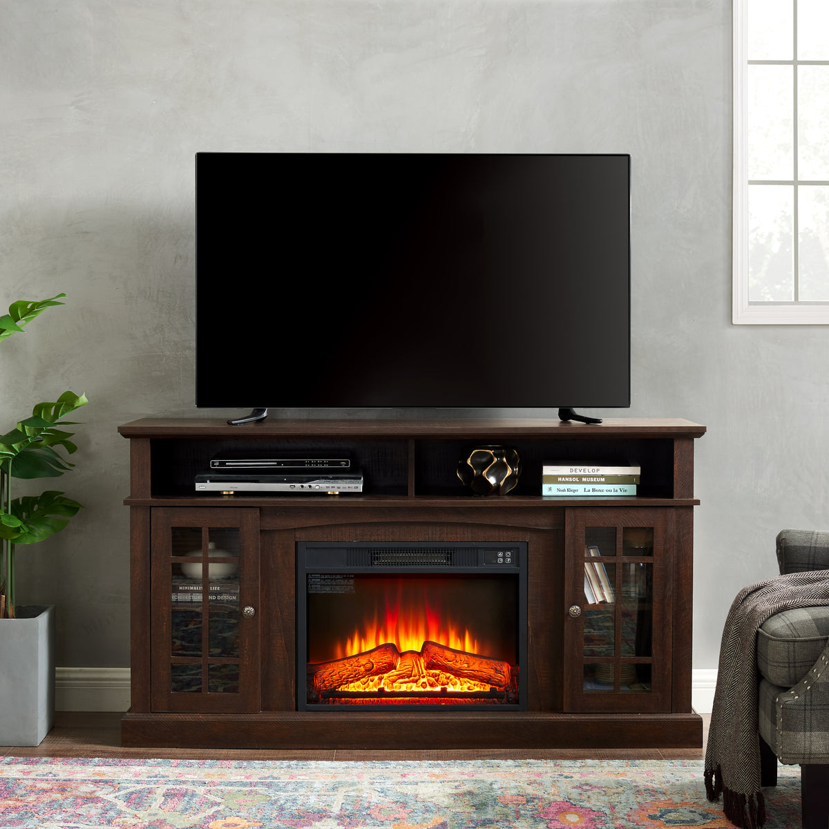 58" Classic TV Media Stand with 23" Electric Fireplace Insert