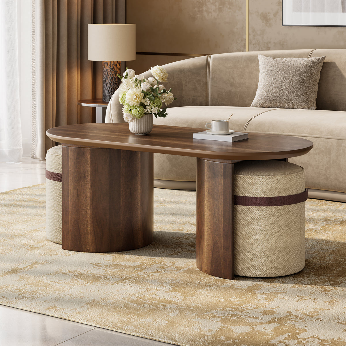 43" Space Saving Oval  Coffee Table Set with 2 Matching Poufs