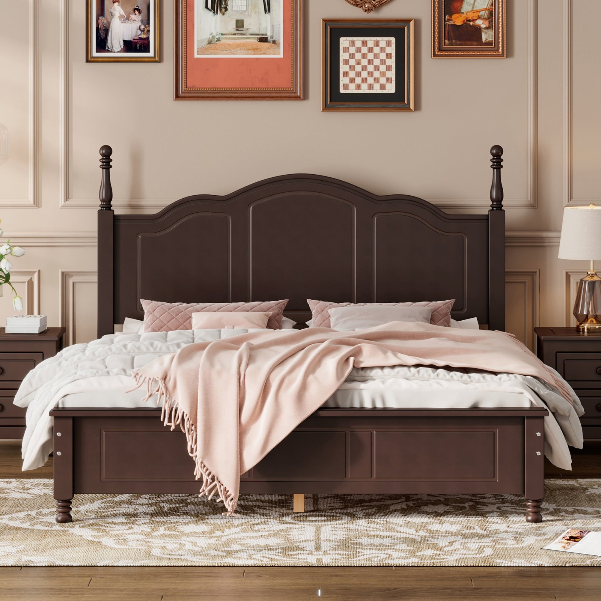 Mid-Century Dark Walnut Bed Frame with Retro Wave Headboard