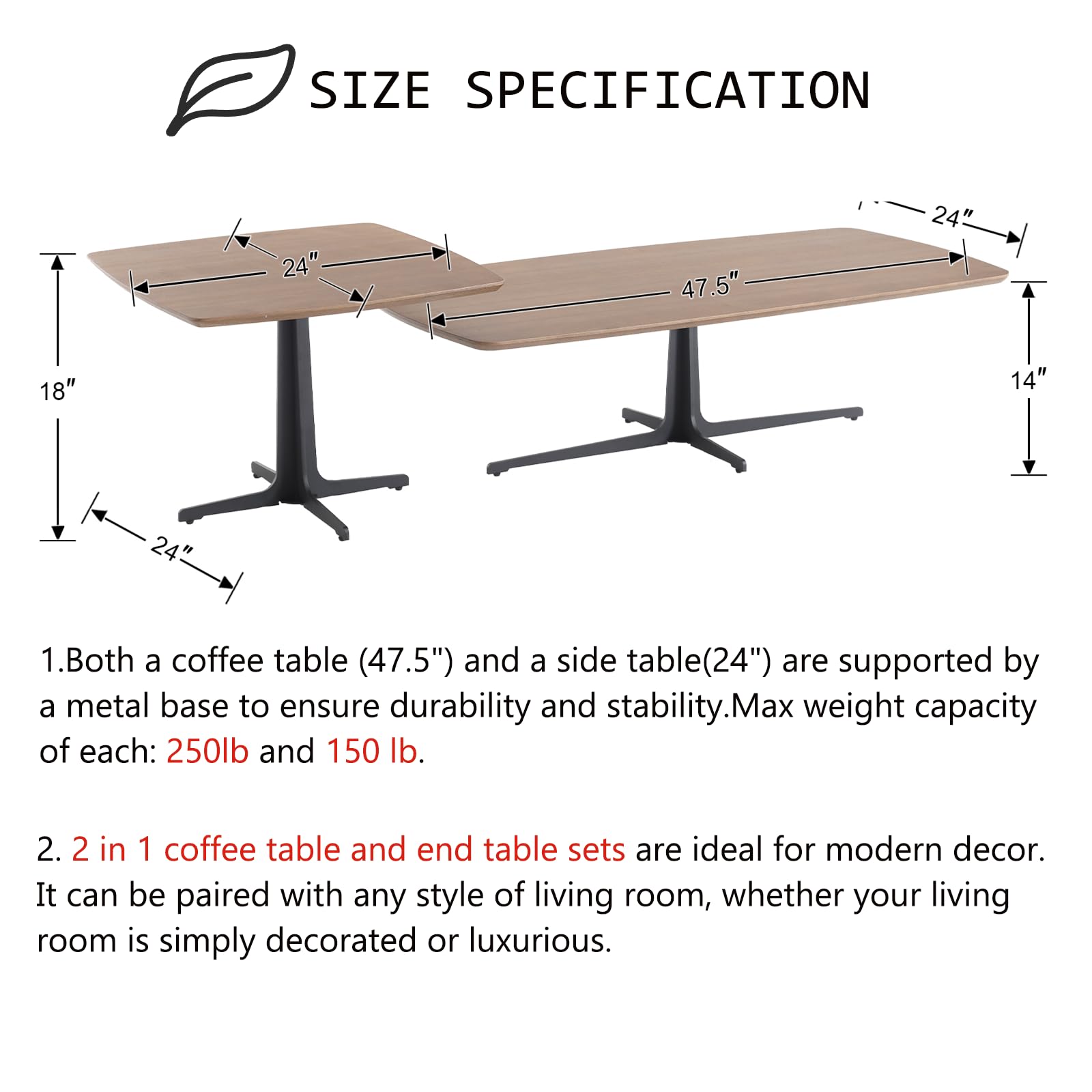 Kmax 47" Modern Rectangular Coffee Table Set of 2 - 23126CT