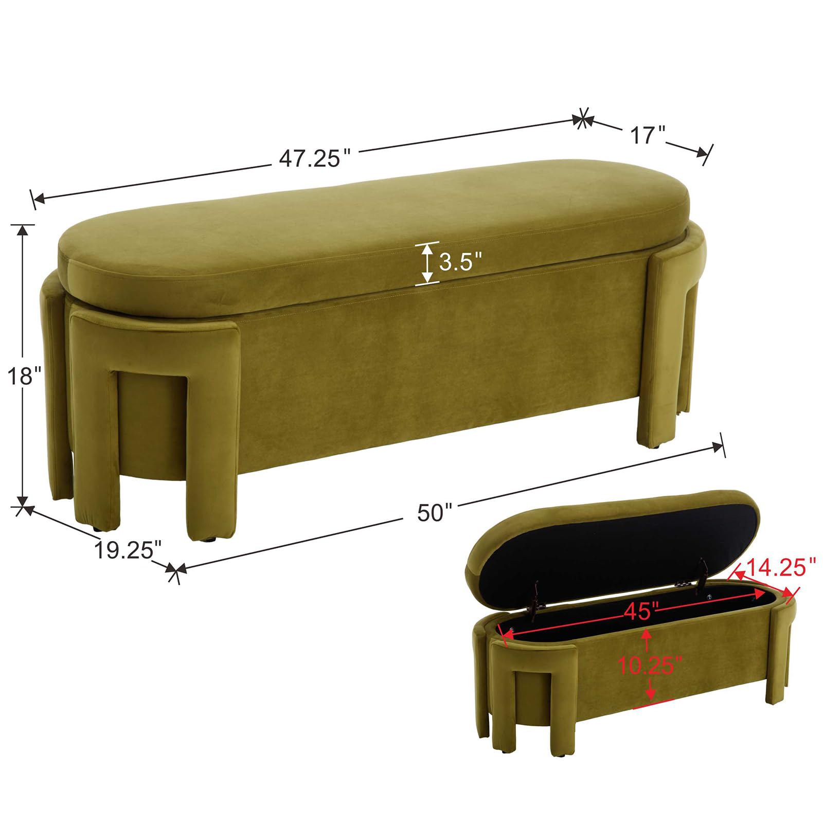 Dimensions of olive green storage bench with inner storage diagram