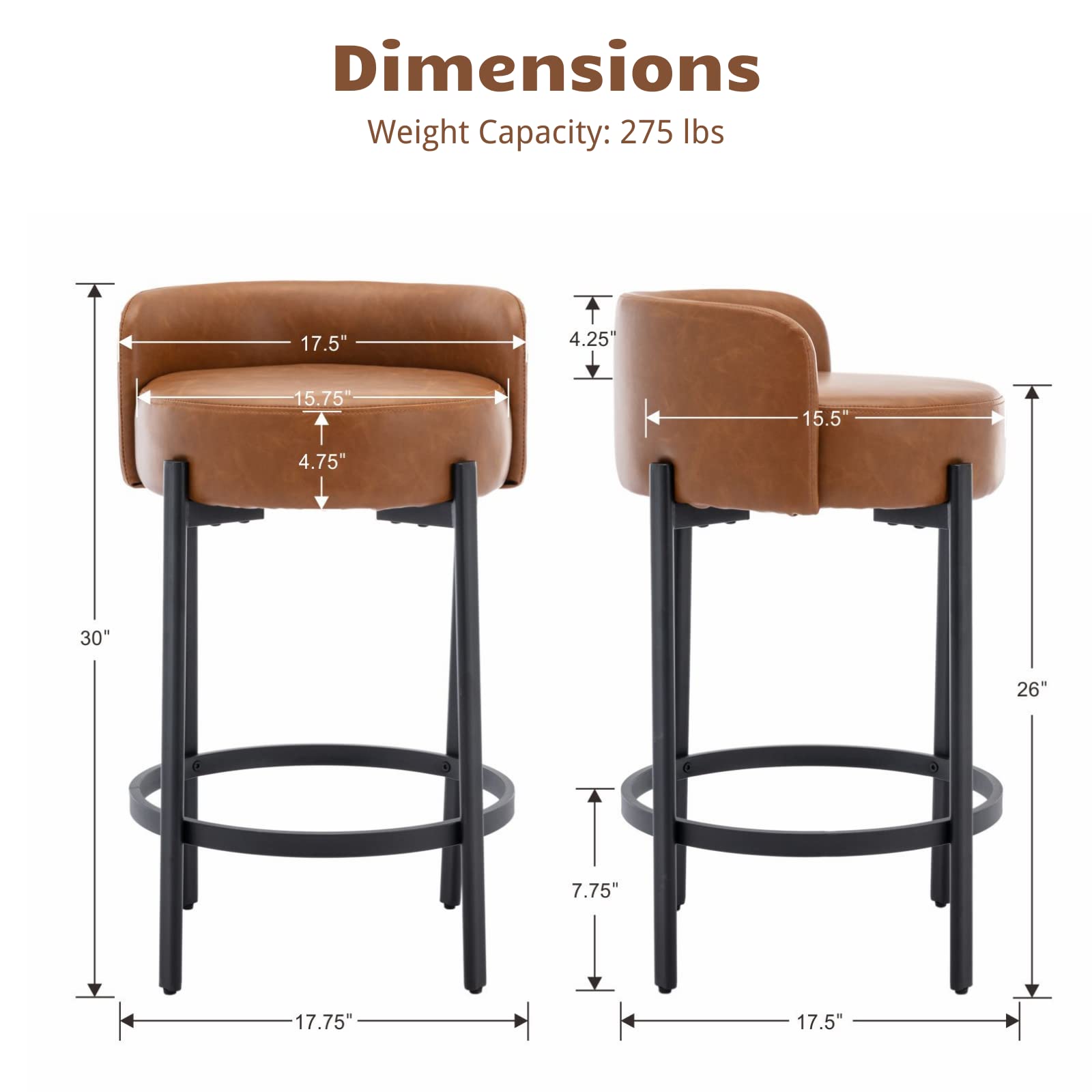 VESCASA 26"H Low Back Counter Height Bar Stools Set of 2 - 5108CS