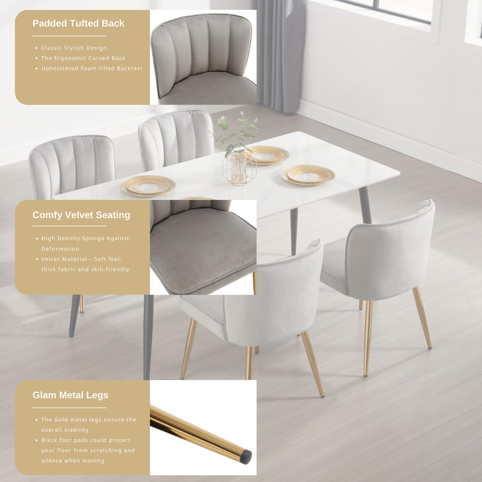 ZH4YOU Modern Velvet Fabric Dining Chairs Set of 2 - 1736