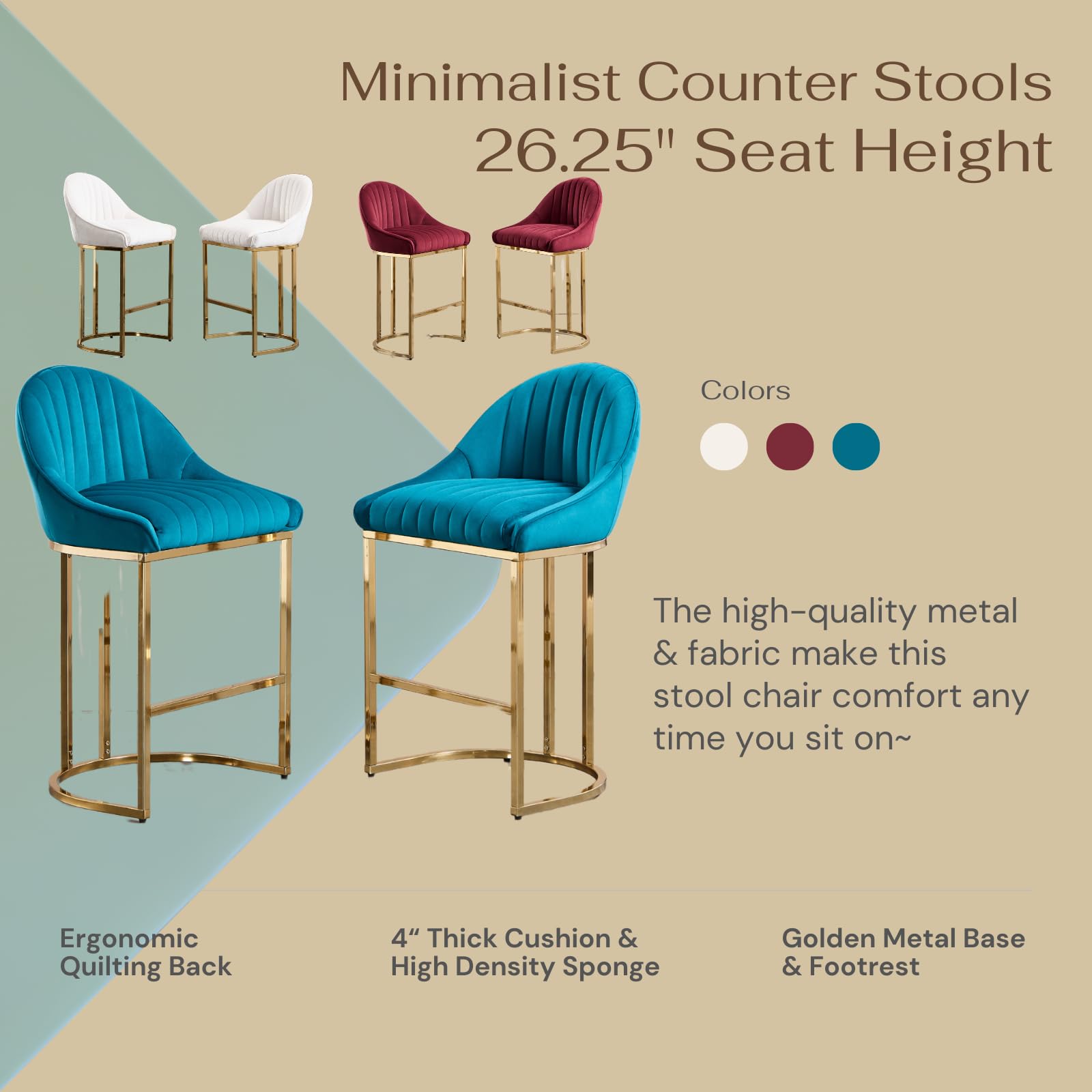 VESCASA 26” Chenille Upholstered Gold Legs Bar Stools Set of 2 - 9066CS