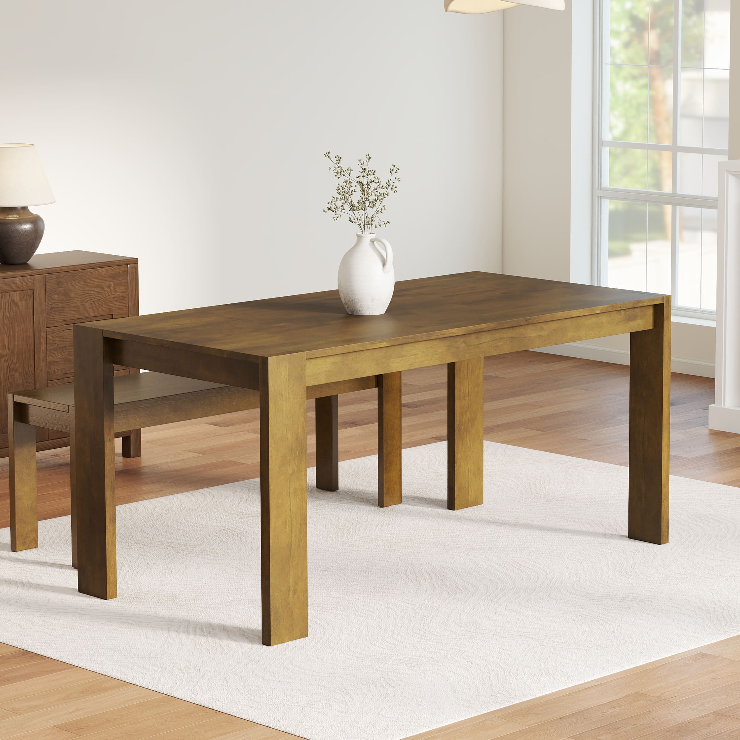 Golden-brown dining table with vase