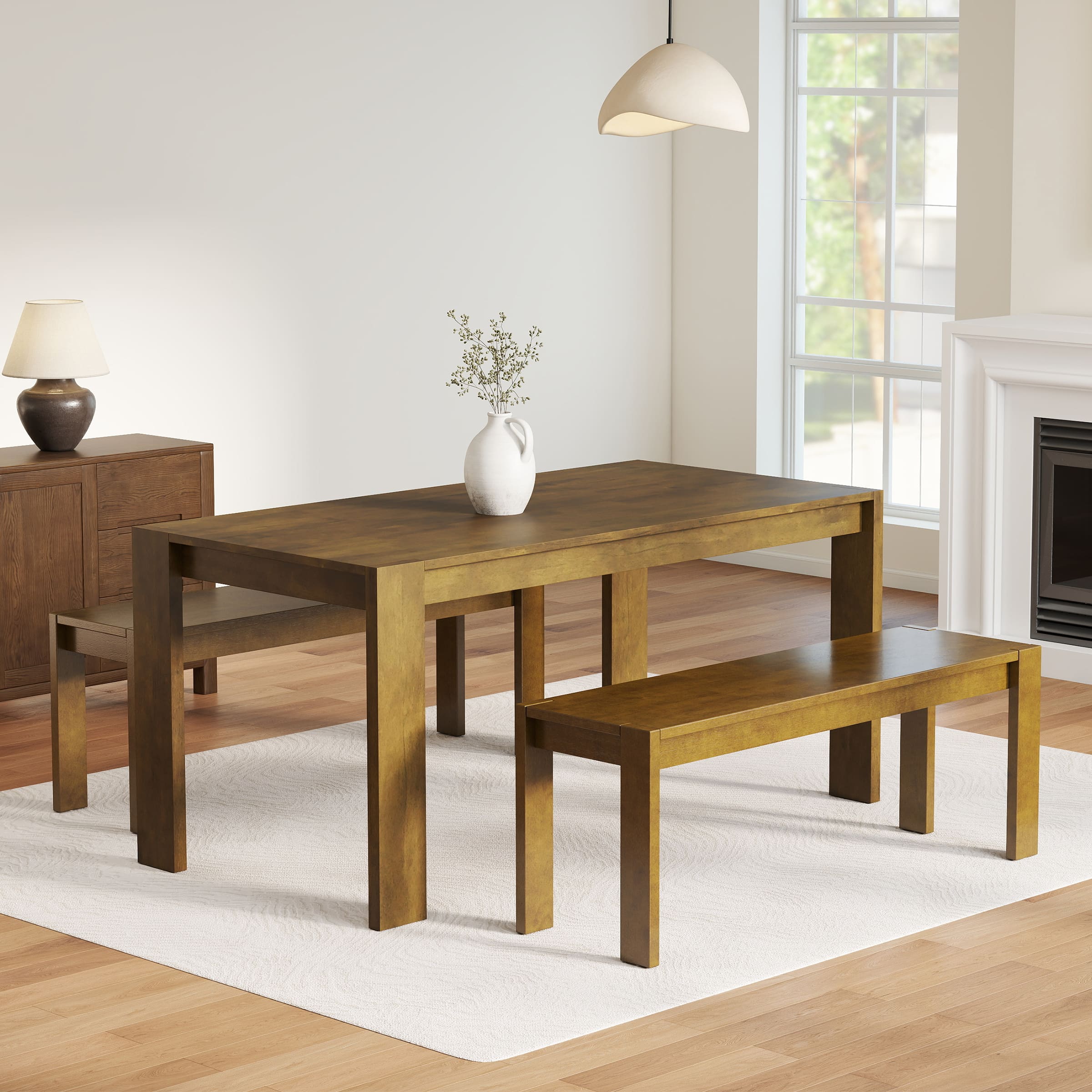 Dining table with benches on rug