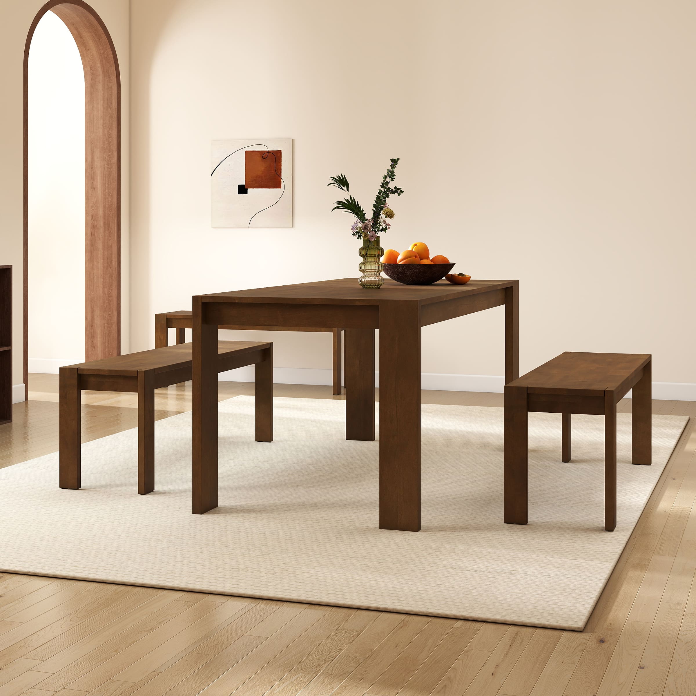 Dining table in room with vase centerpiece