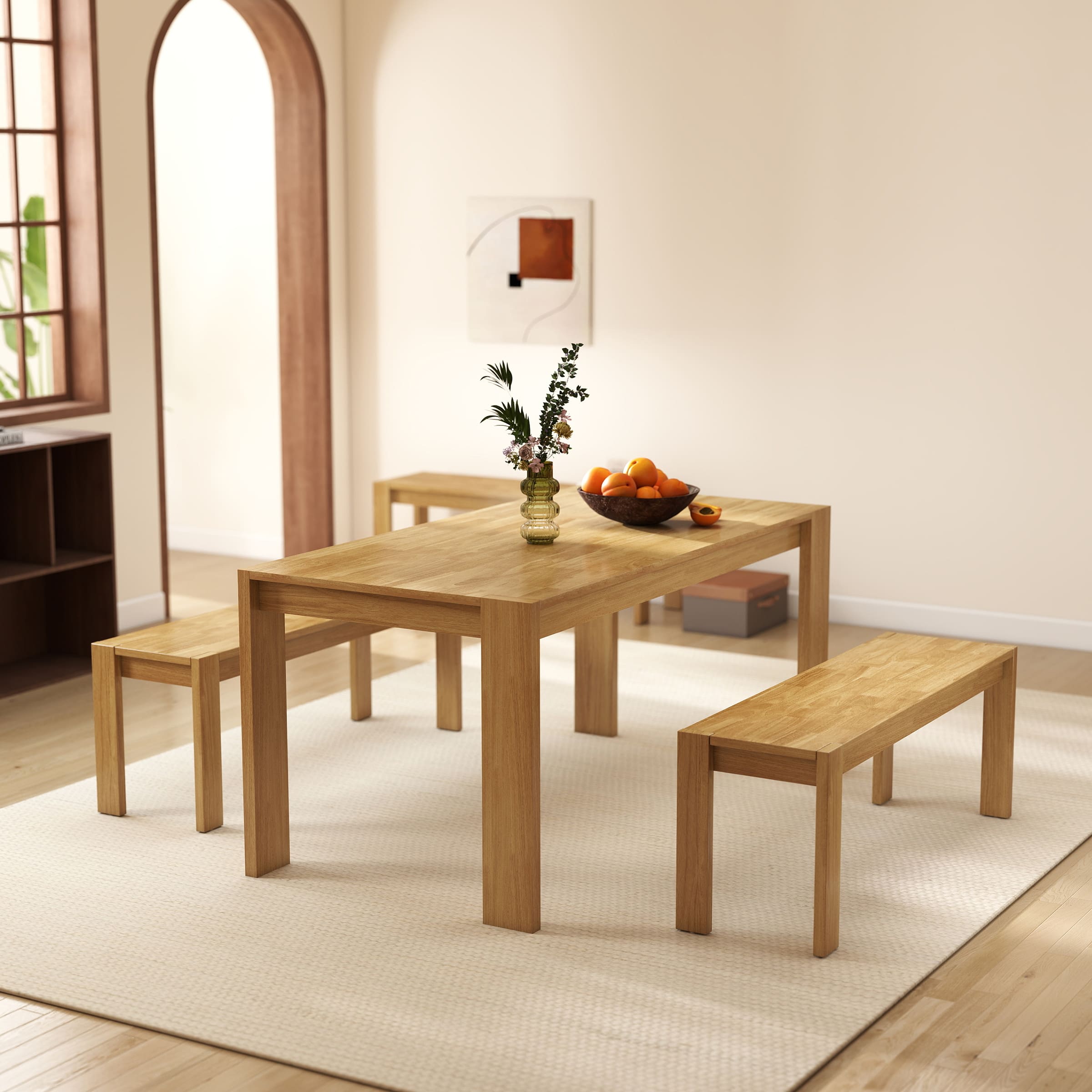 Dining table with bench in a bright room