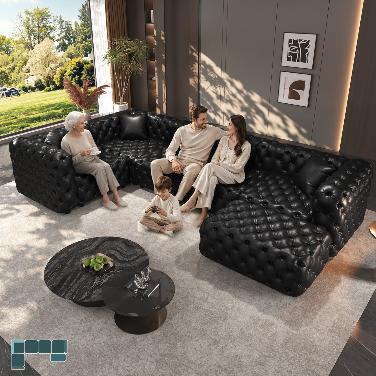 Button-Tufted Black Faux Leather Modular Sofa Set with Ottoman