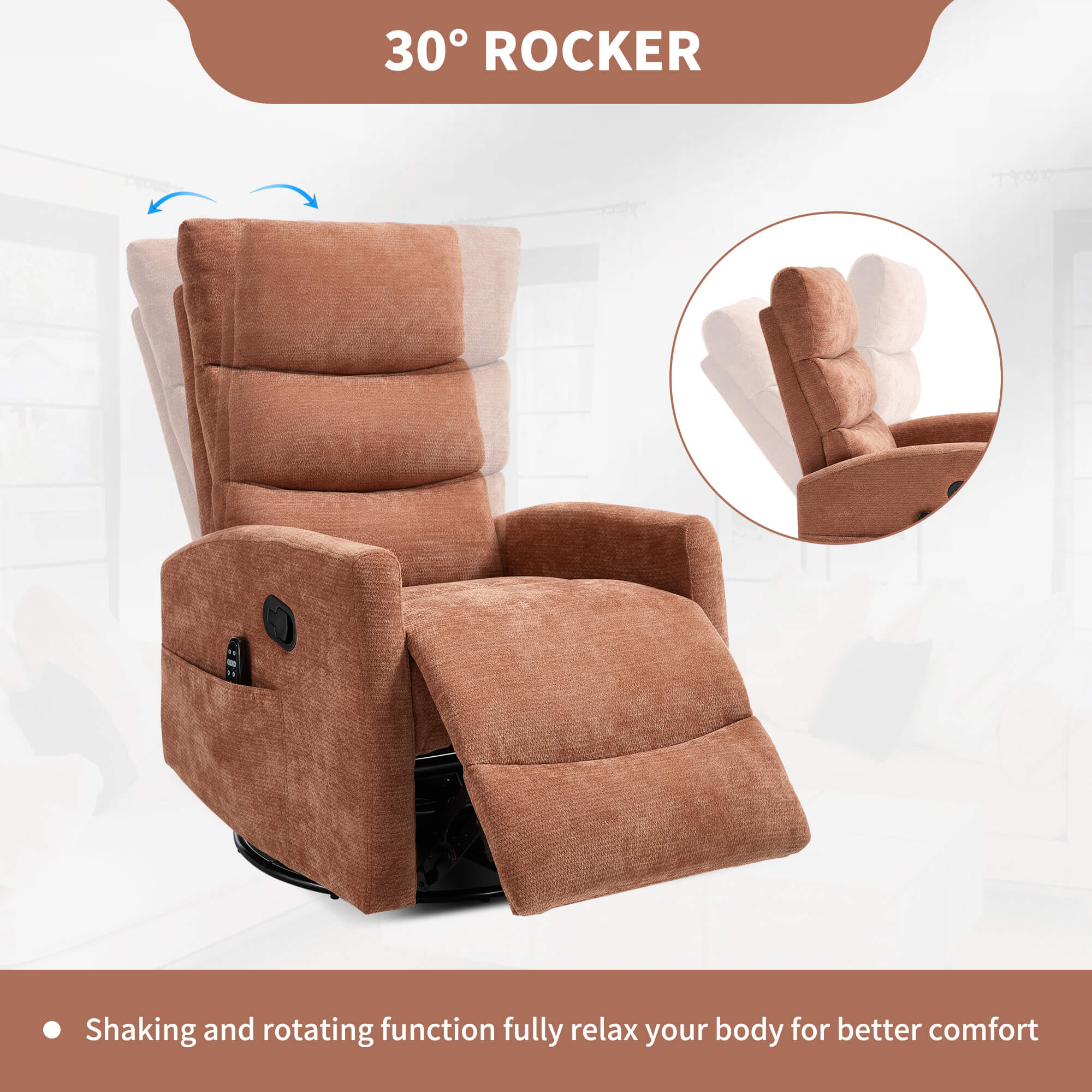 Modern Chenille Heat Massage Rocker Swivel Recliner Chair