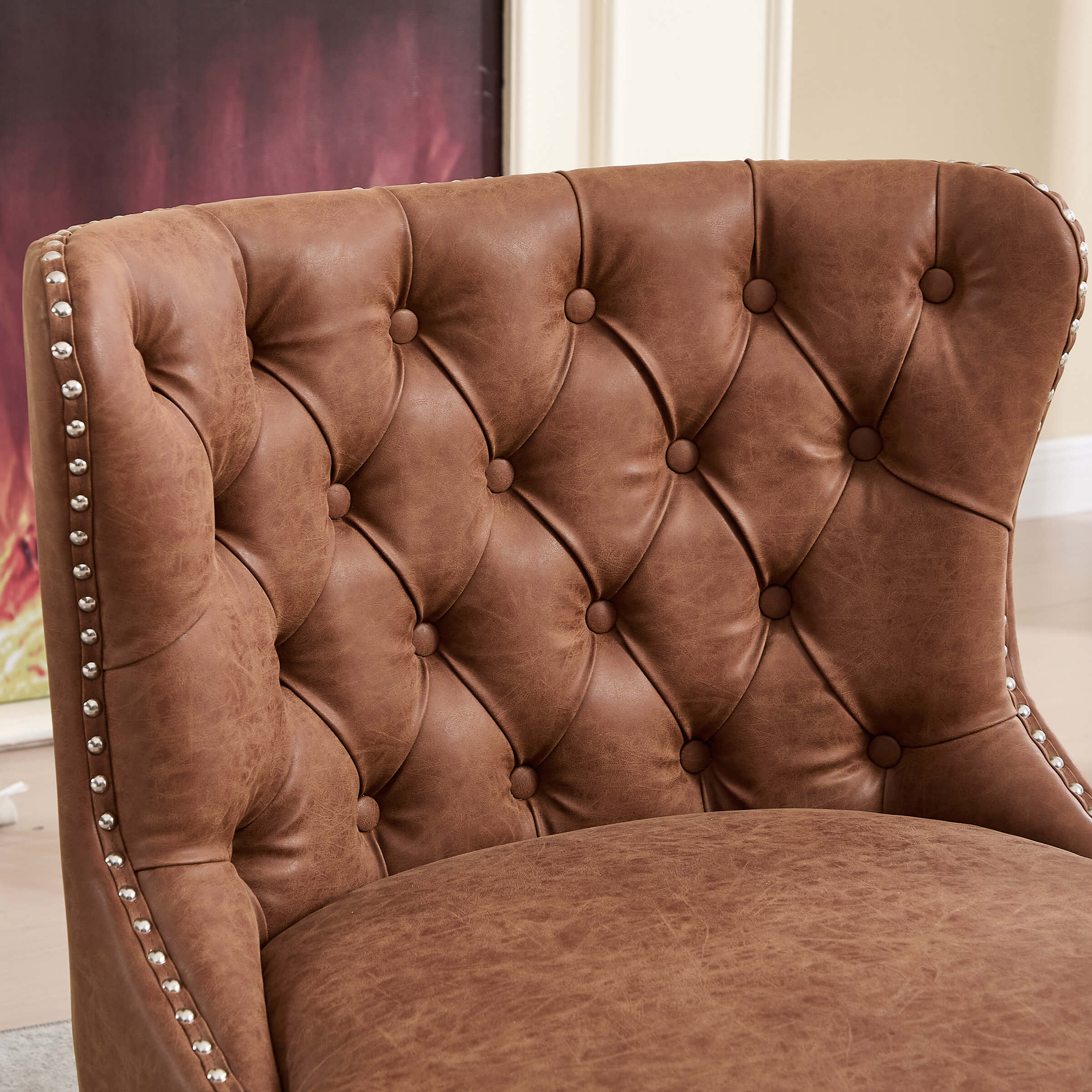 Close-up of tufted back leather with buttons