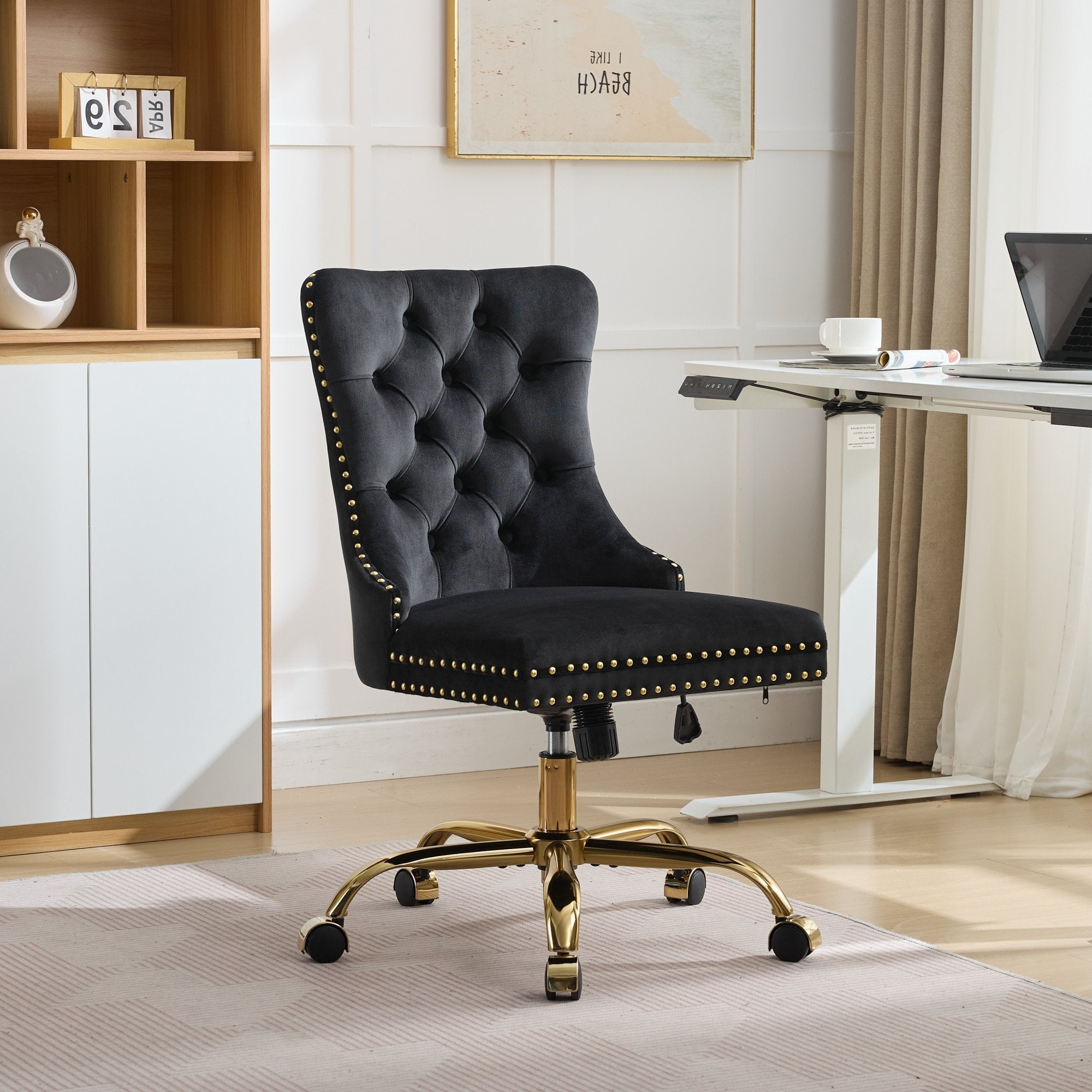 Mid-Century Velvet Office Chair with Gold Nailhead Trim