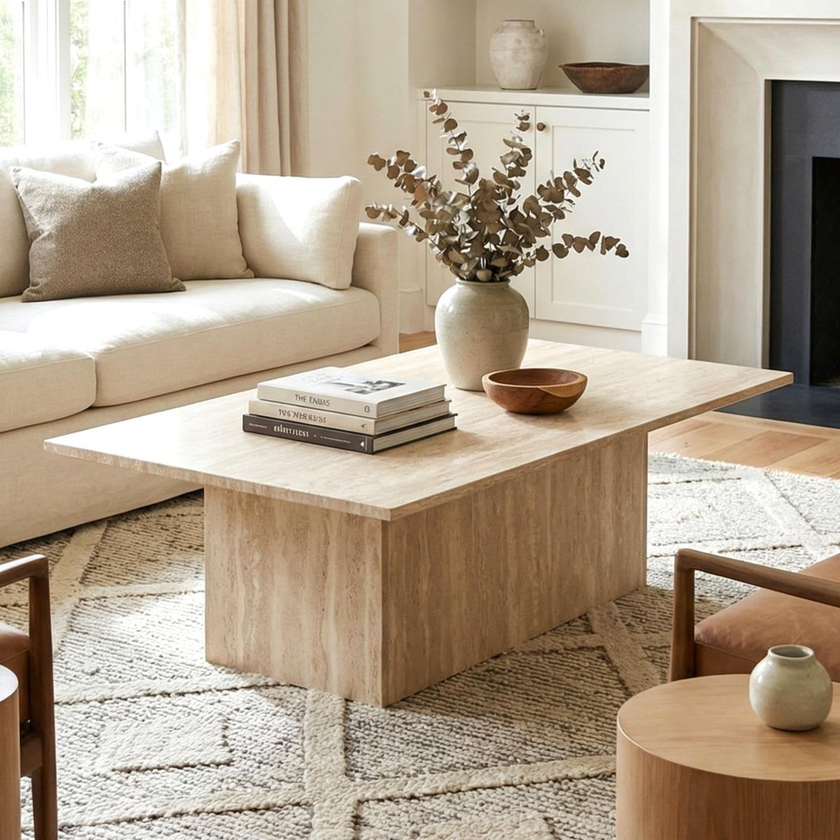 Modern Faux Travertine Living Room Coffee Table & Side Table
