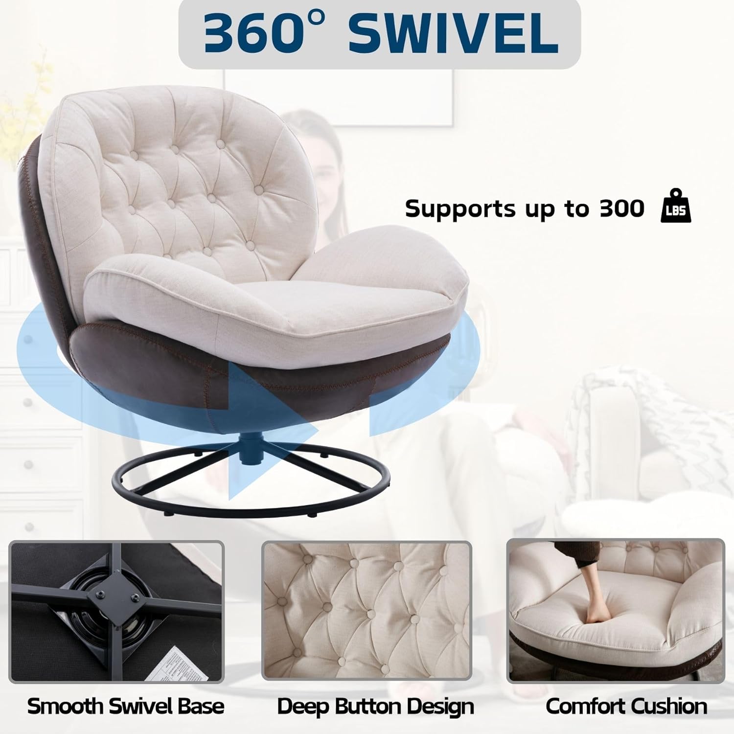 ZH4YOU Swivel Linen Accent Chair with Ottoman - 18841AO