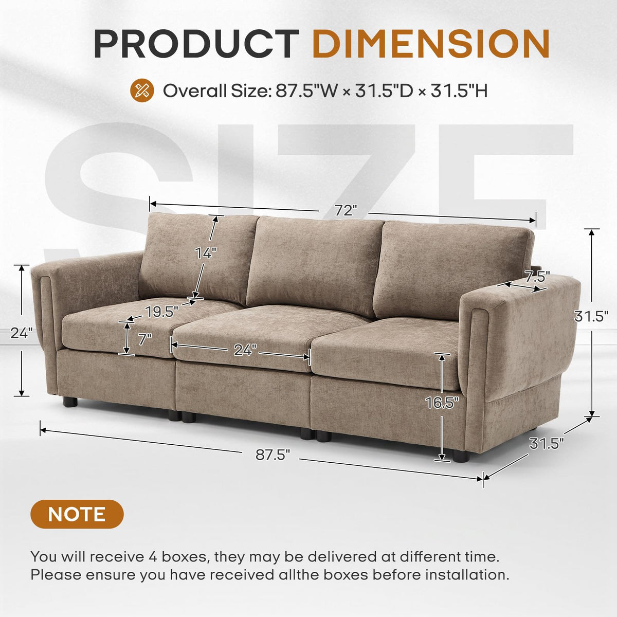 88" Modern Chenille 3-Seater Modular Sofa