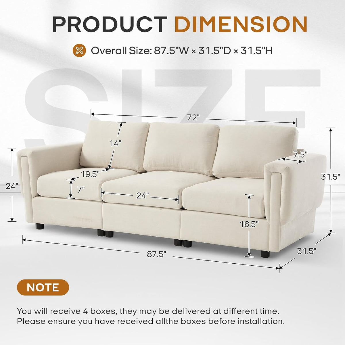 88" Modern Chenille 3-Seater Modular Sofa