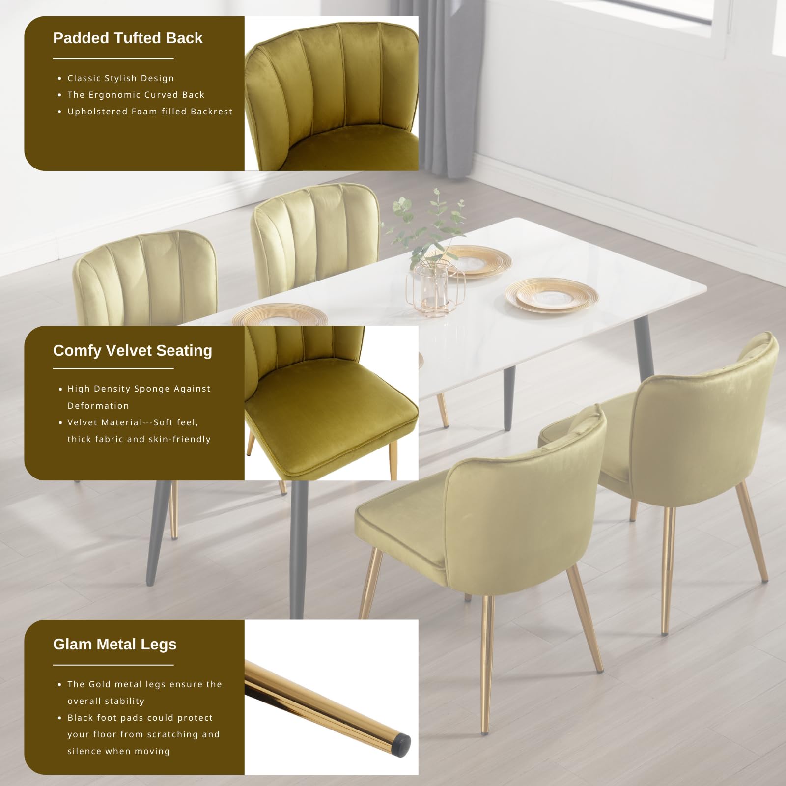 ZH4YOU Modern Velvet Fabric Dining Chairs Set of 2 - 1736