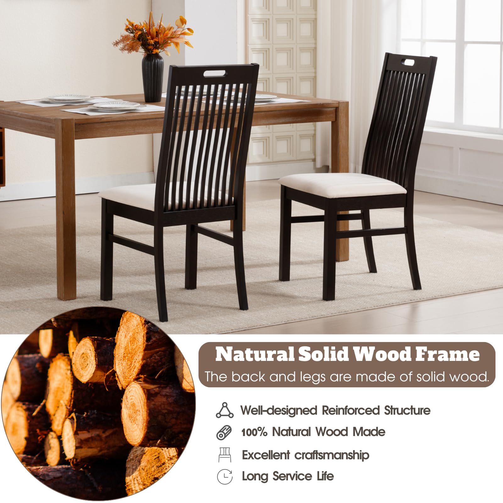 CIMOTA Farmhouse Walnut Wood Dining Chairs Set of 2 - 8131DC