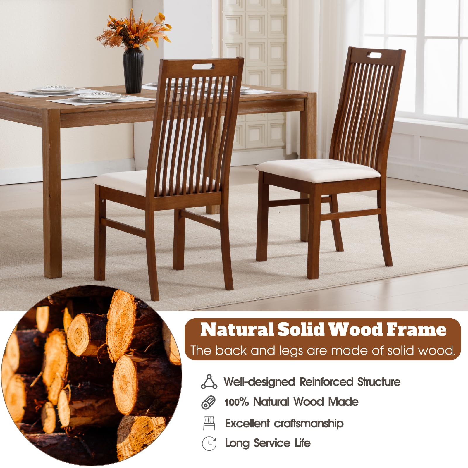 CIMOTA Farmhouse Walnut Wood Dining Chairs Set of 2 - 8131DC