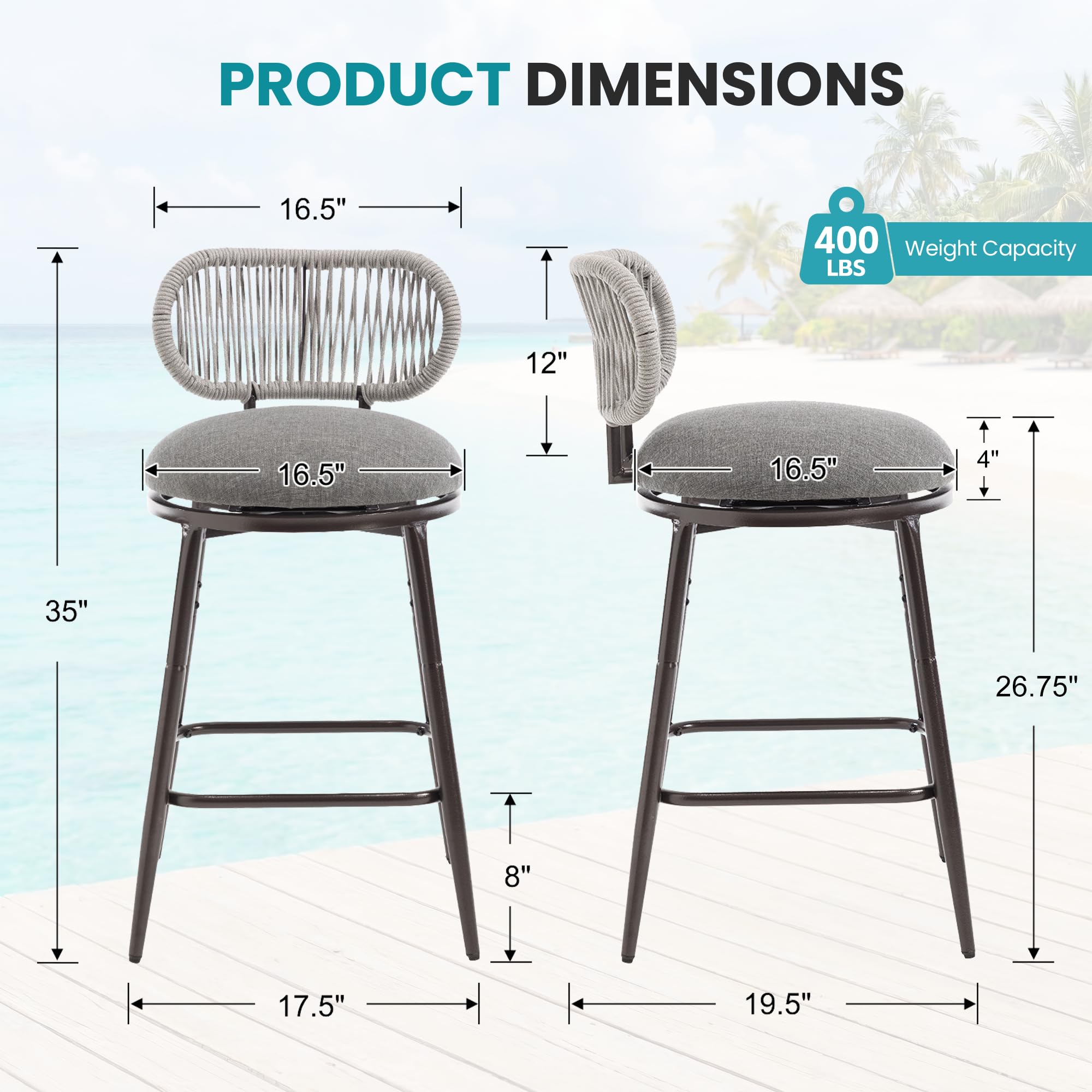 26.75" Swivel Outdoor Bar Stools with Hand-Woven Rope Back Set of 2