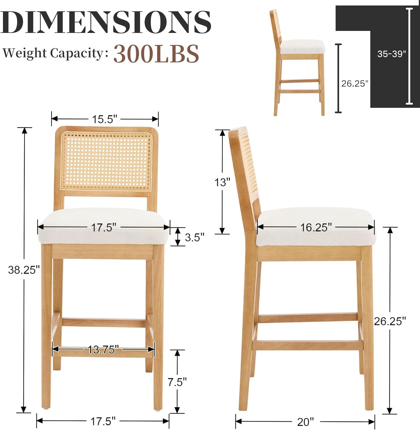 Farmhouse Rattan Back Chenille Counter Stool Set of 2 - 3234CS