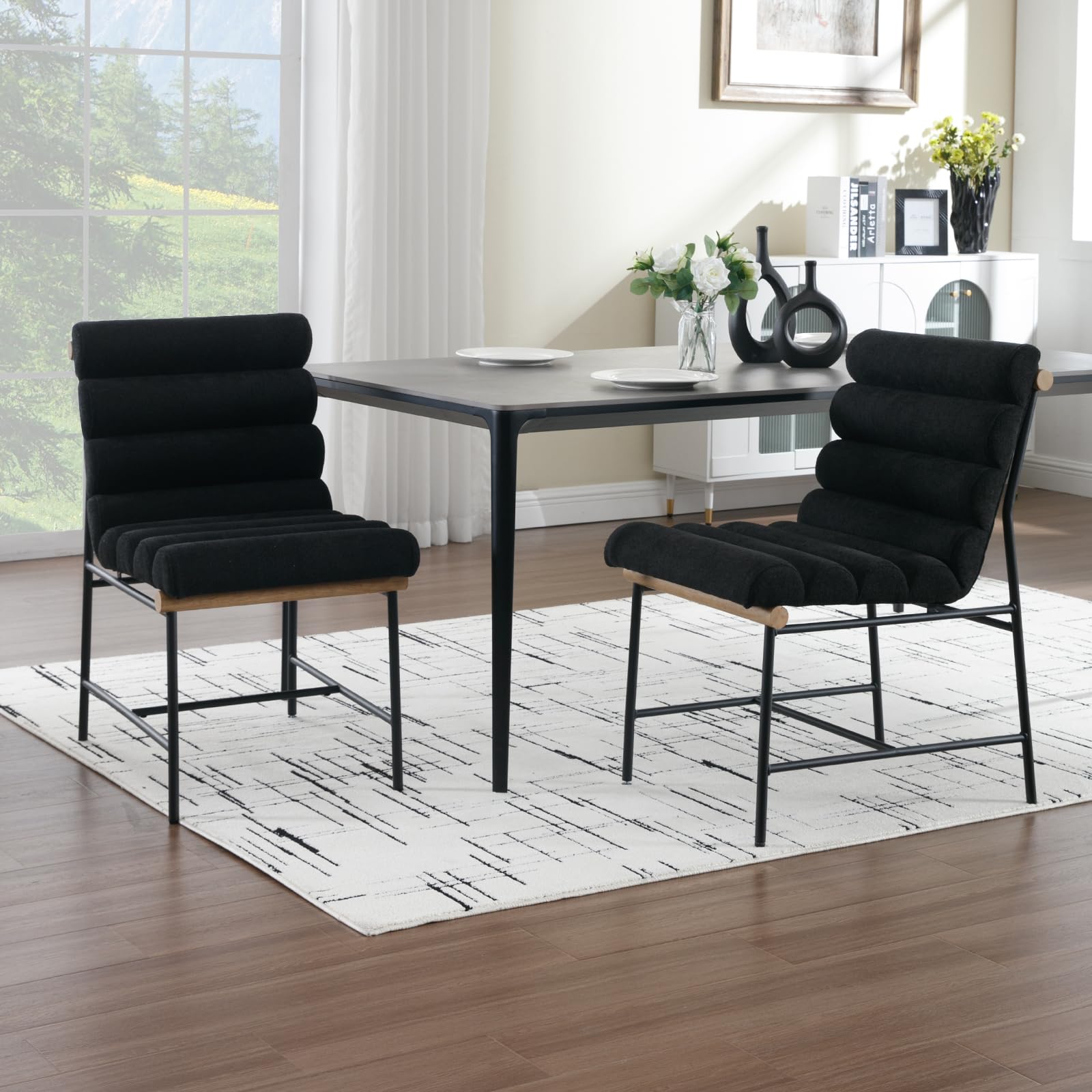Dining table with four chairs in a living room