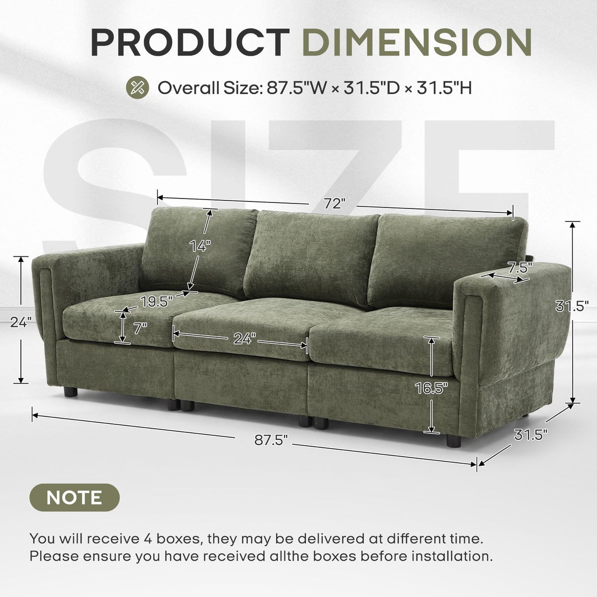 88" Modern Chenille 3-Seater Modular Sofa
