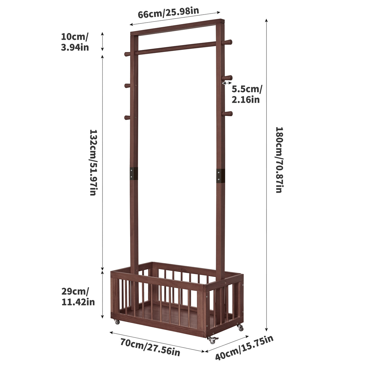 71" Rolling Solid Pine Clothes Rack with Storage Basket and Hooks