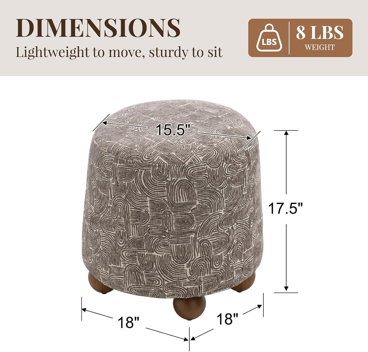 Round Modern Accent Ottoman with Rubberwood Ball Feet