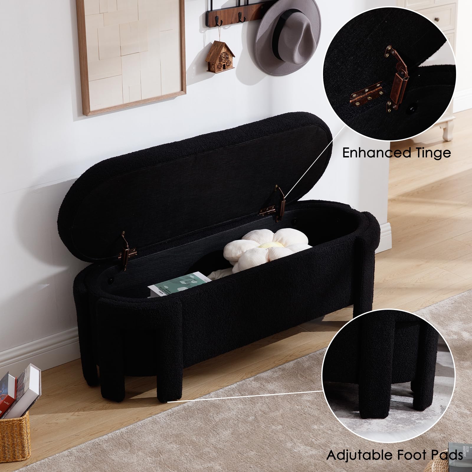 Open black storage bench showing interior
