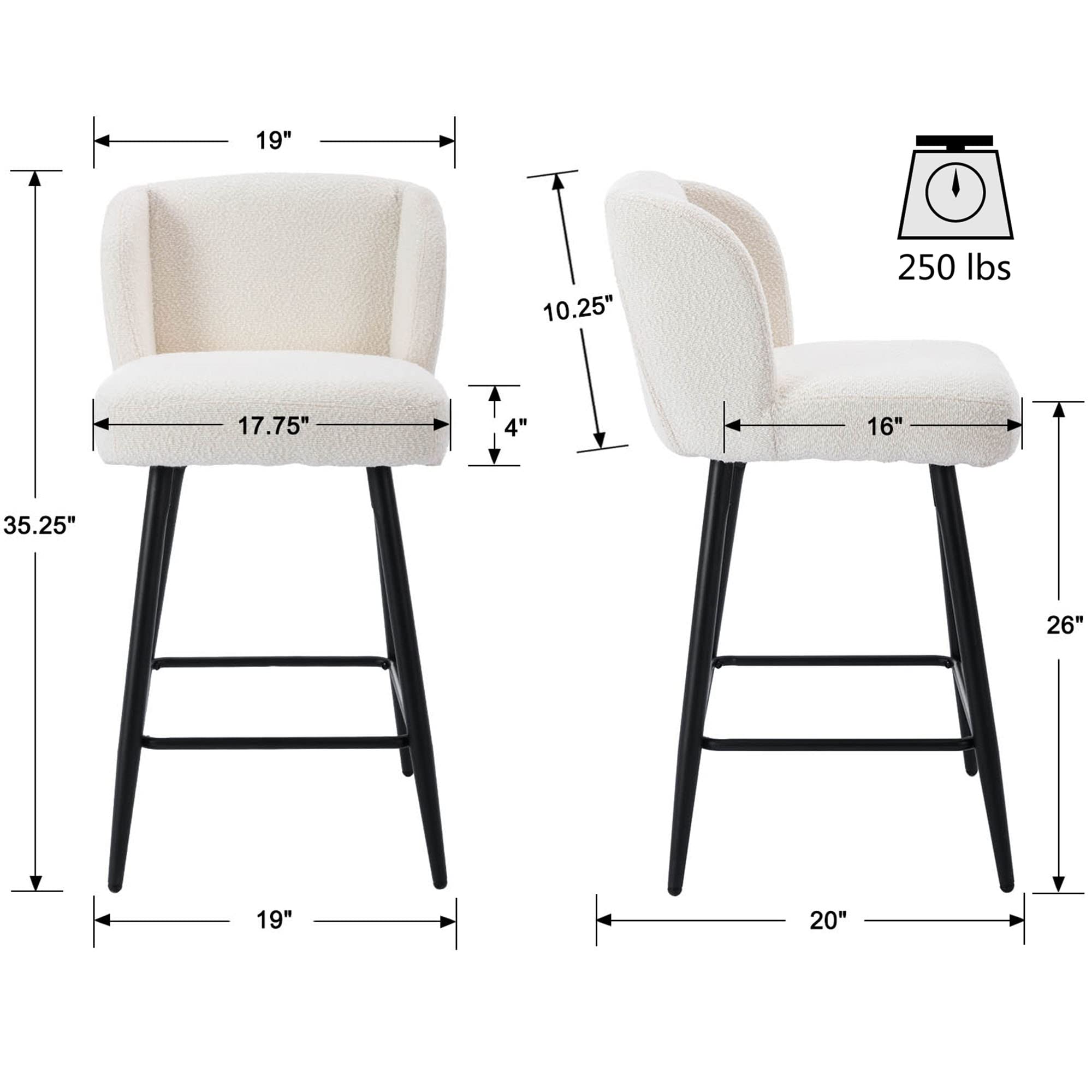 VESCASA 26"H Modern Back Metal Legs Counter Bar Stools Set of 2 - 2305
